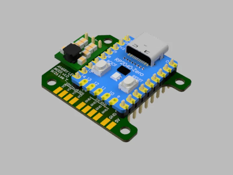 The Jolt Standard seen from the front at an angle, with the RP2040 Zero and USB-C connector facing up