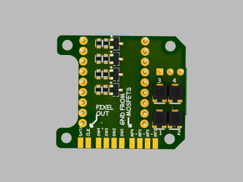 The underside of the board, with the four MOSFETs and the pixel output pads