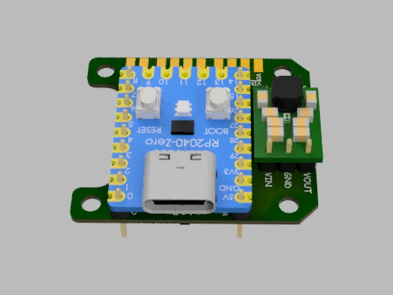 The regulator end of the board, with the VIN, GND and VOUT pads